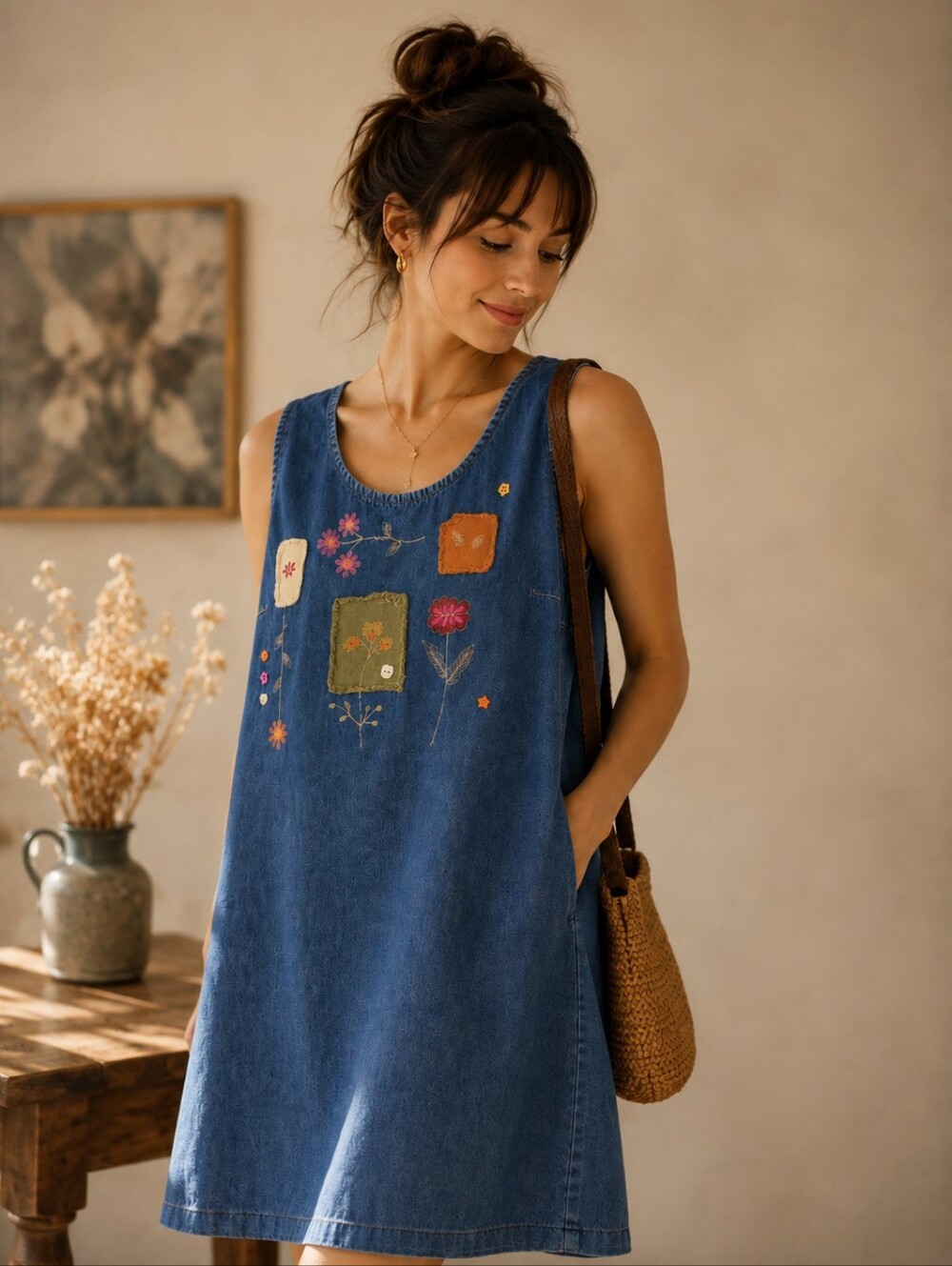 Marie Claire | Embroidered Denim Shift Dress, Size M - Picture 1 of 8